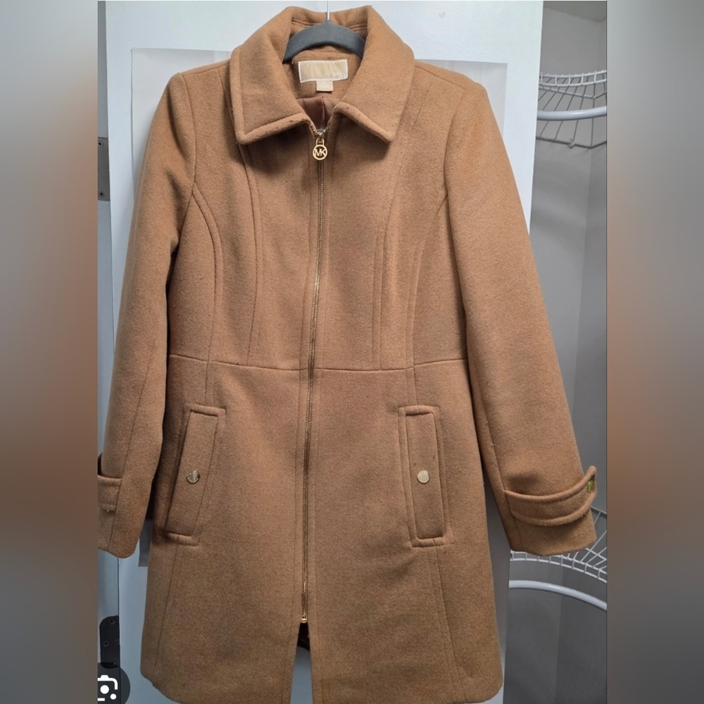 Michael Kors Women's Camel Wool-Blend Zip Front Coat Sz. MP